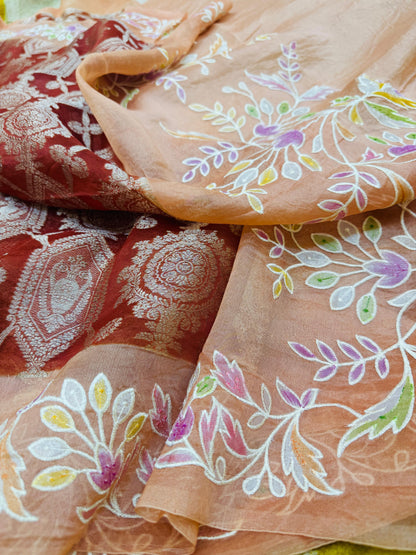 Pure Banarasi Kora Silk Embroidery Handbrush Saree