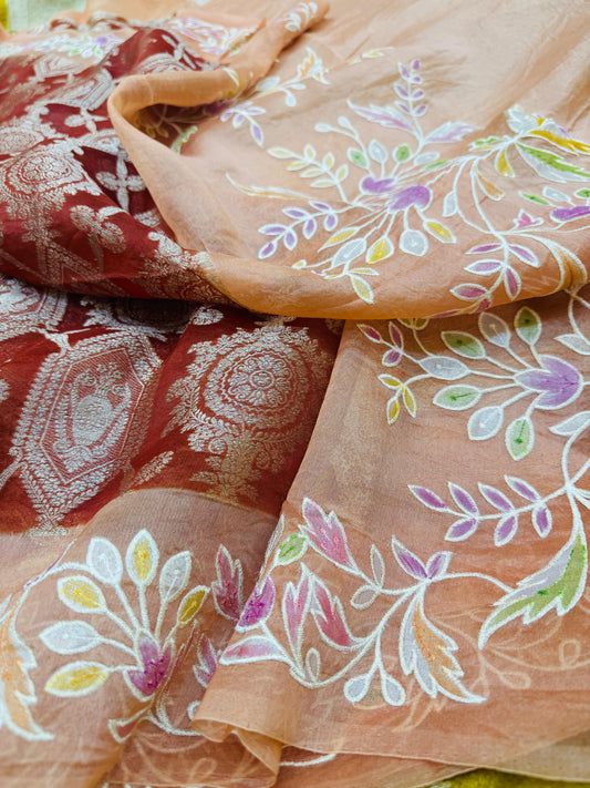 Pure Banarasi Kora Silk Embroidery Handbrush Saree