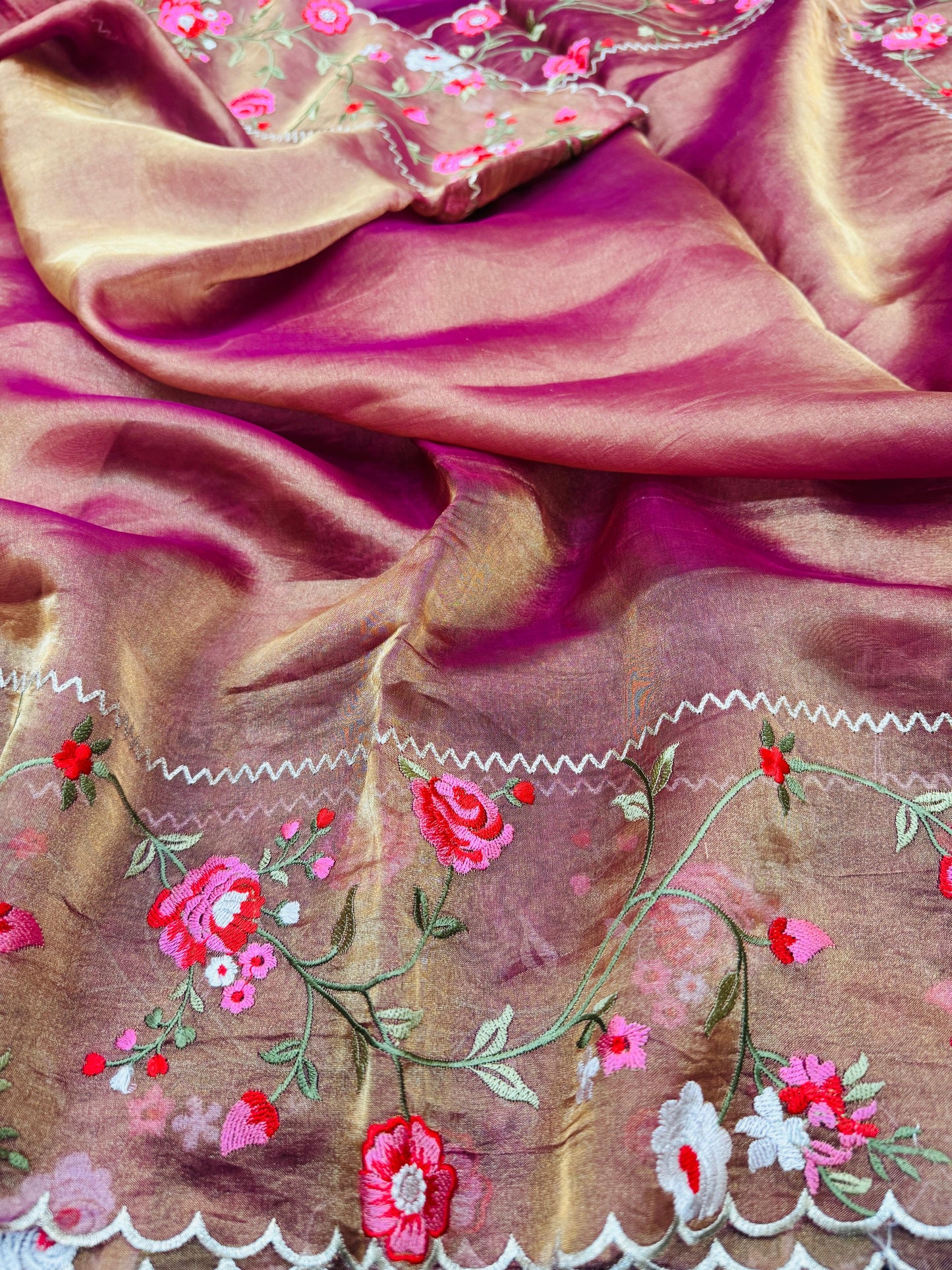 Pure Banarasi Tissue Silk Satin Border Embroidery Saree