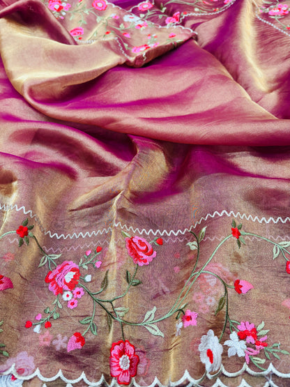 Pure Banarasi Tissue Silk Satin Border Embroidery Saree