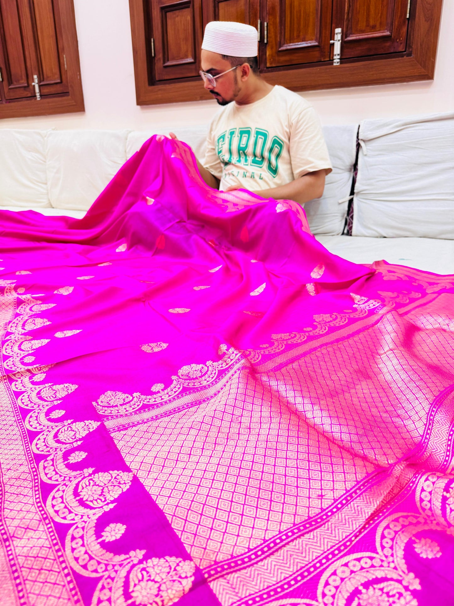 Pure Banarasi Dupion Silk Kadhwa Buta Saree