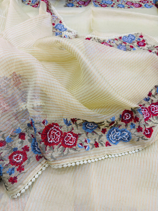 Pure Banarasi Kora Tissue Stripe Cross Embroidery Saree