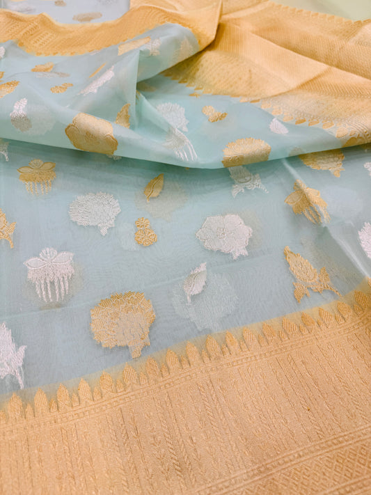 Pure Banarasi Kora Silk Kadhwa Buti Jaal Saree