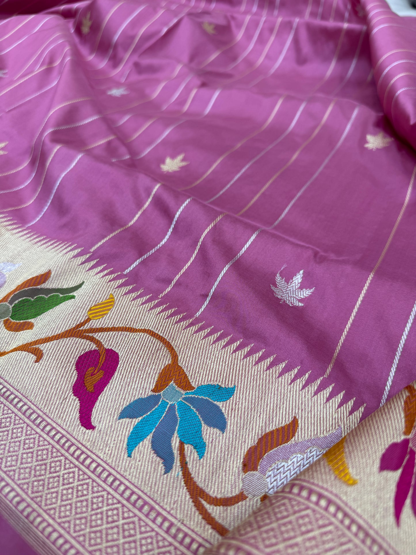 Pure Banarasi Katan Silk Buti Stripe Paithani Border Saree