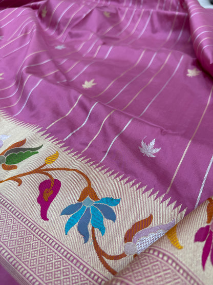 Pure Banarasi Katan Silk Buti Stripe Paithani Border Saree