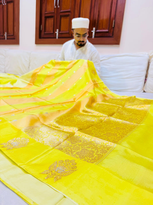 Pure Banarasi Dupion Silk Strips Satin Border Saree