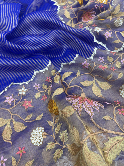 Pure Banarasi Kora Tissue Patch Work Embroidery Saree