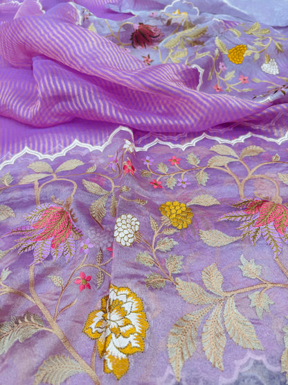 Pure Banarasi Kora Tissue Patch Work Embroidery Saree