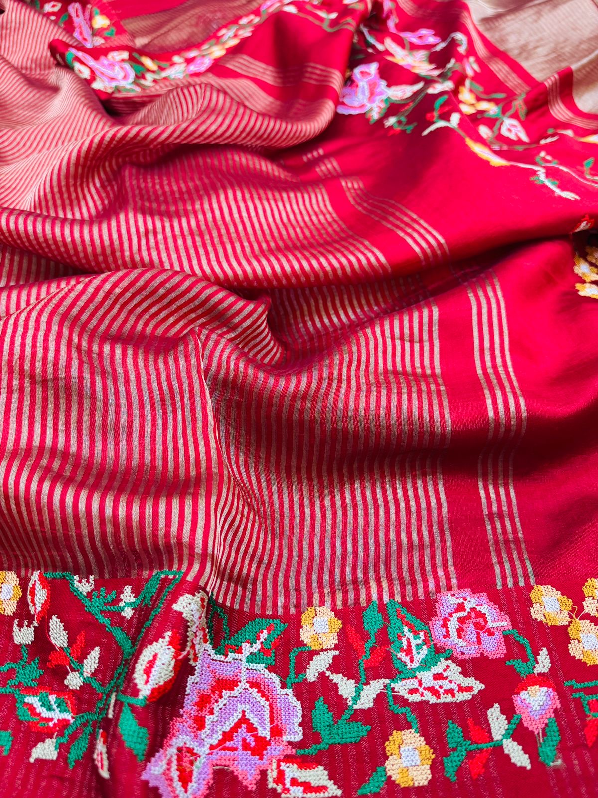 Red Kora Tissue Stripe Cross Embroidery Saree