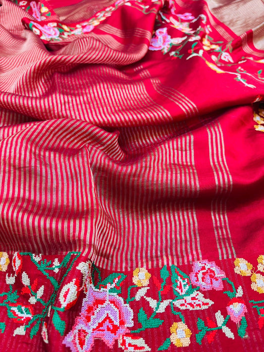 Pure Banarasi Kora Tissue Stripe Cross Embroidery Saree