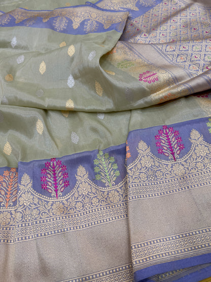 Pure Banarasi Katan Tissue Silk Kadiyal Border Saree