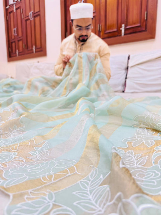 Pure Banarasi Tissue Silk Strips Sarees With Applique Work