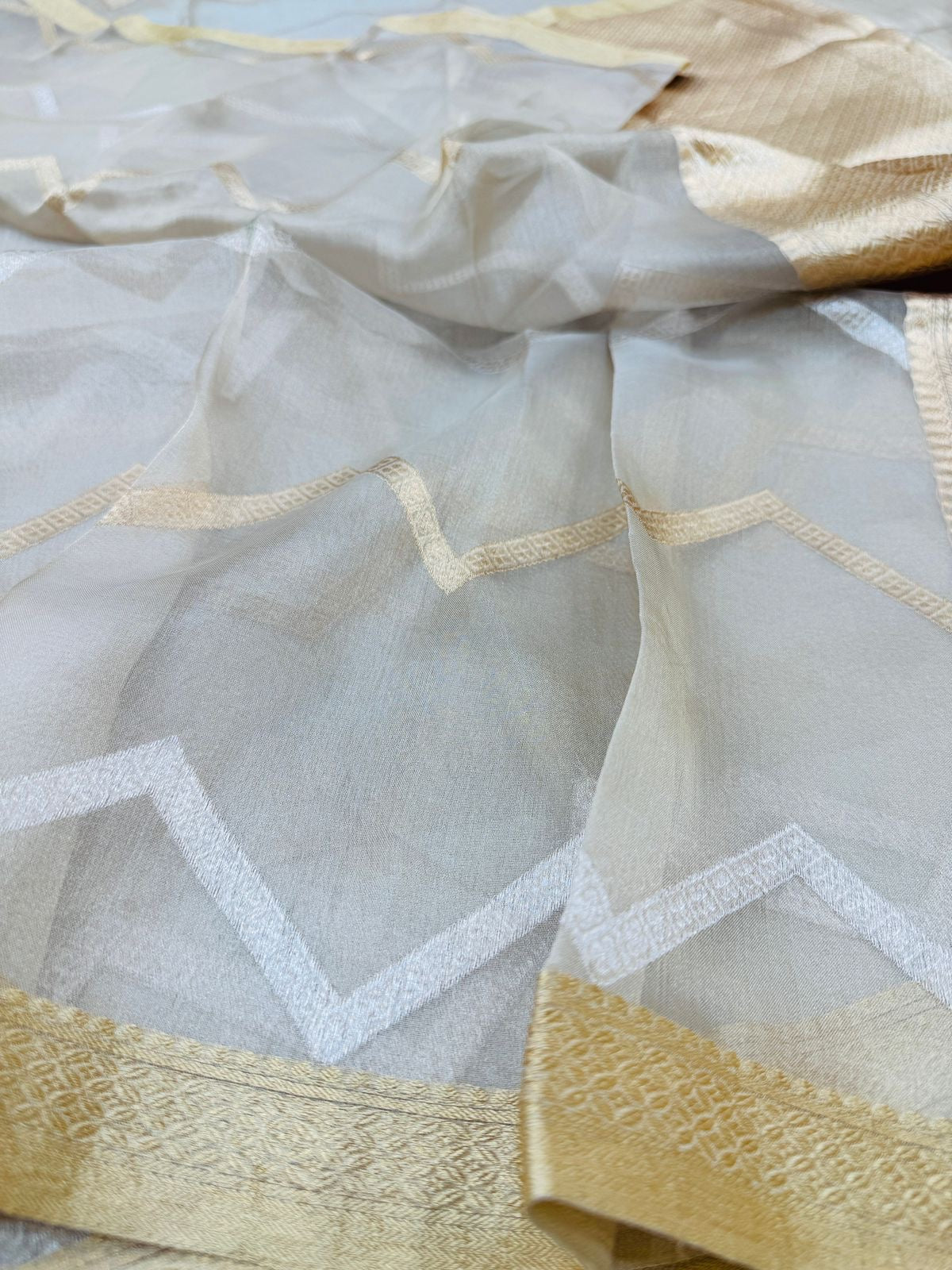 Natural Gold Tissue Silk Zig Zag Saree
