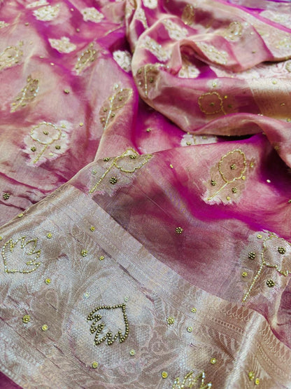 Pure Banarasi Tissue Cutdana Hand Embroidery Saree