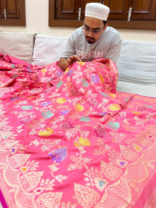 Pure Banarasi Katan Silk Mina Jaal Saree