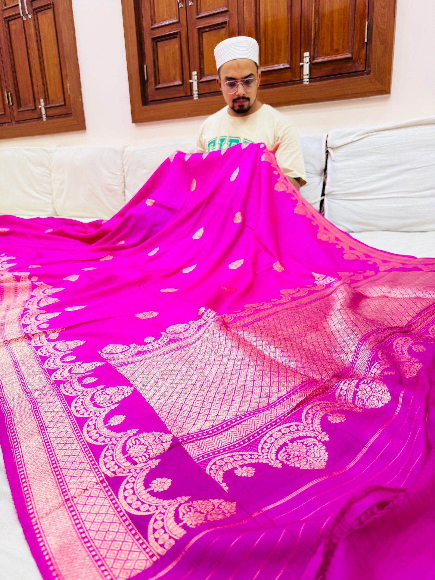 Pure Banarasi Dupion Silk Kadhwa Buta Saree