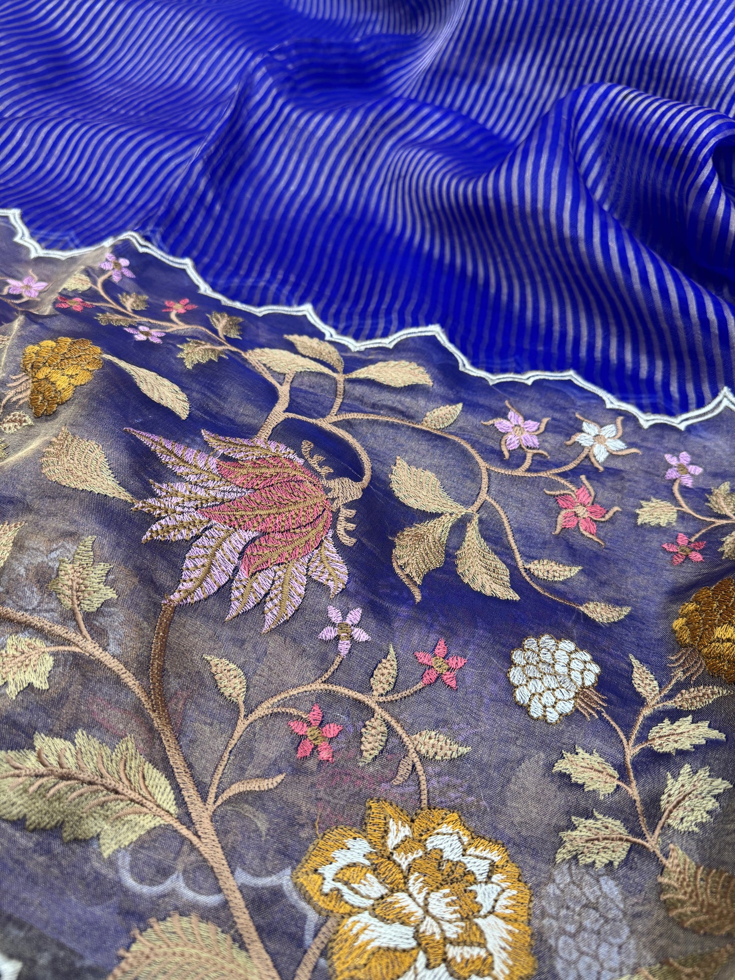 Pure Banarasi Kora Tissue Patch Work Embroidery Saree