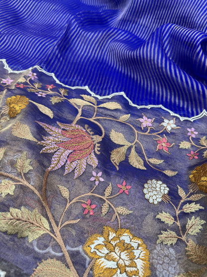 Pure Banarasi Kora Tissue Patch Work Embroidery Saree