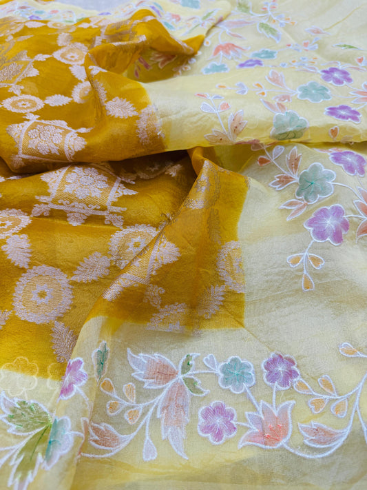 Pure Banarasi Kora Silk Embroidery Handbrush Saree