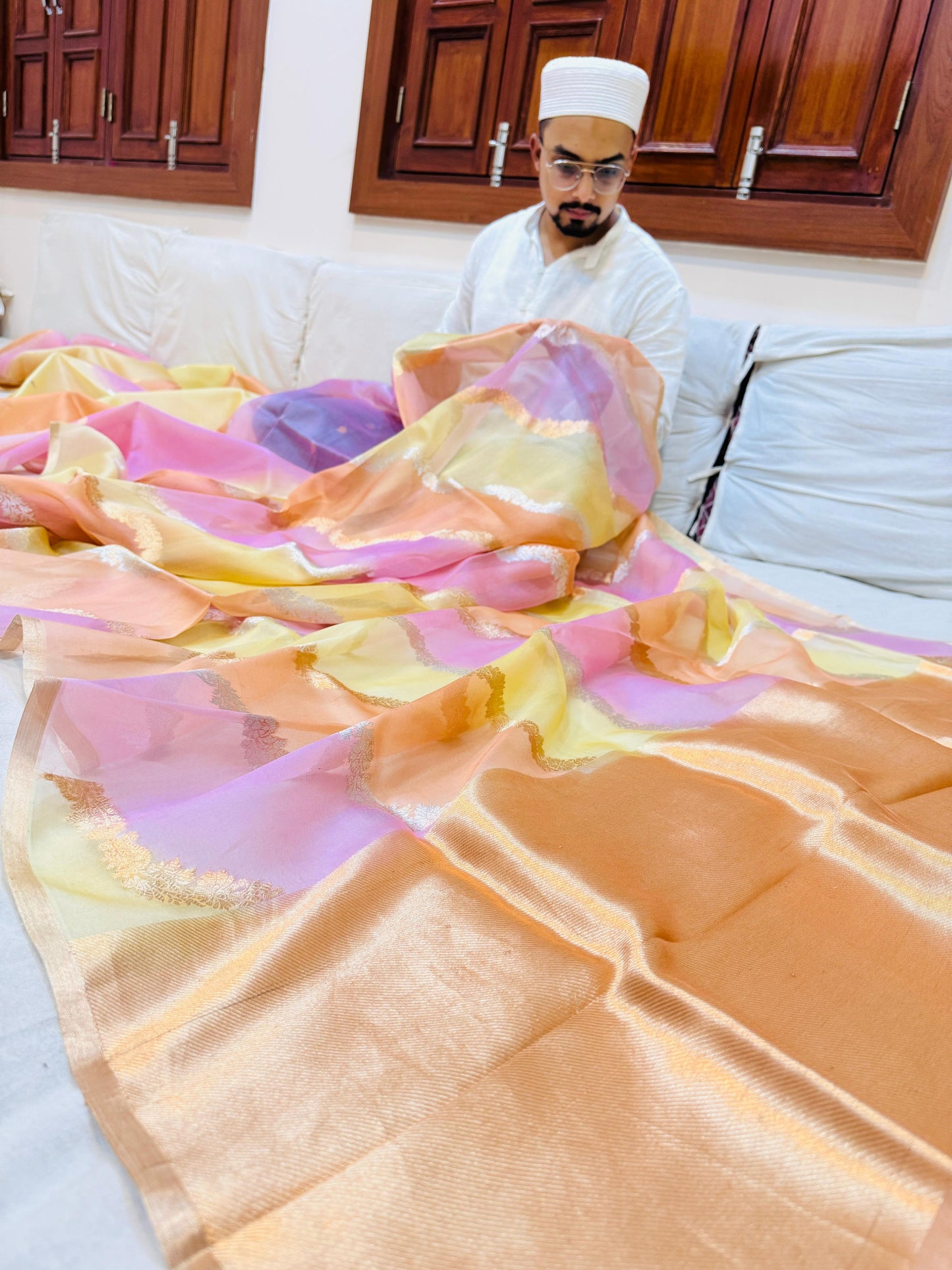 Pure Banarasi Organza Silk Rangkaat Half and Half Saree