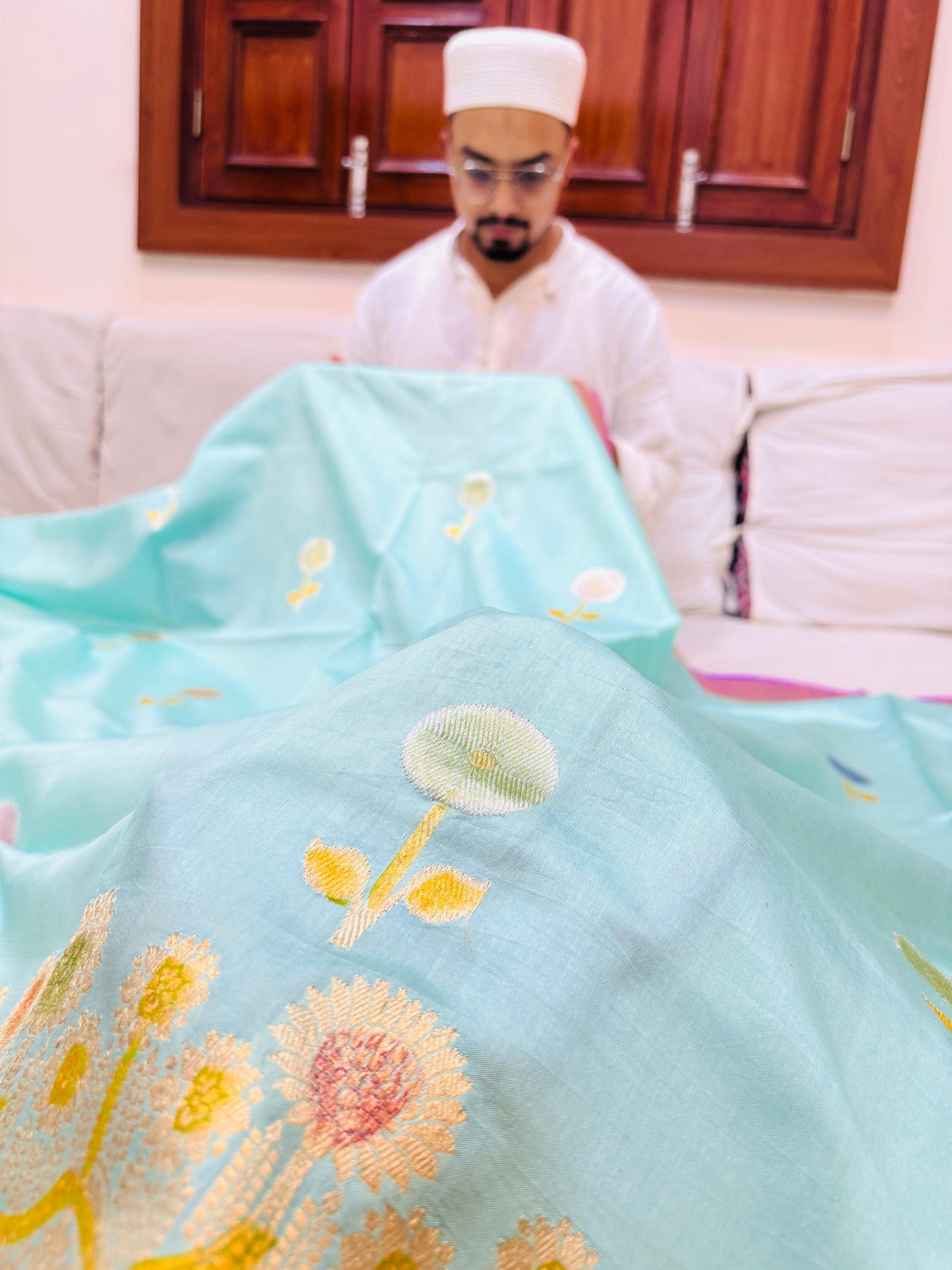 Pure Banarasi Dupion Silk Kadhwa Buta Handbrush Saree