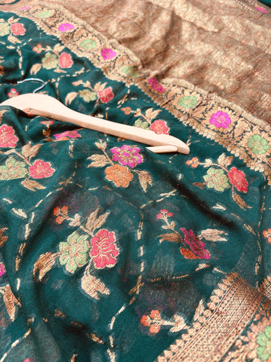 Pure Banarasi Chiffon Tilfi Floral Jaal Saree
