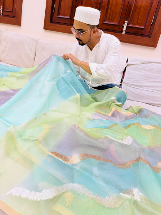 Pure Banarasi Organza Silk Rangkaat Half & Half Saree