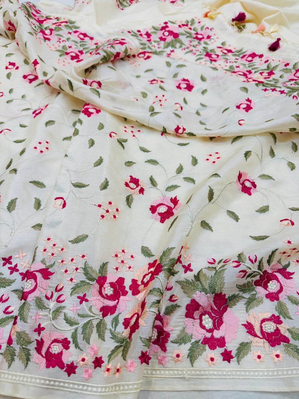 Pure Banarasi Tasar Silk Embroidery Saree