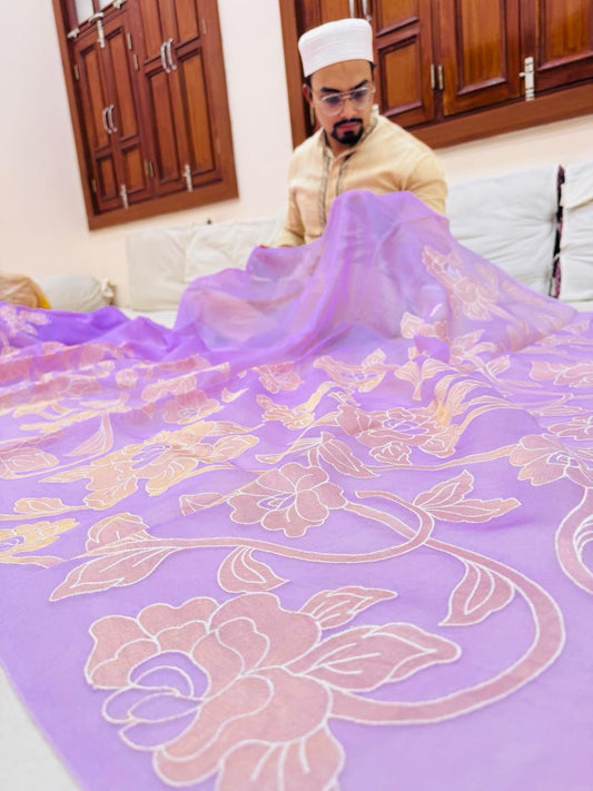 Pure Banarasi Kora Tissue Silk Applique Work Saree