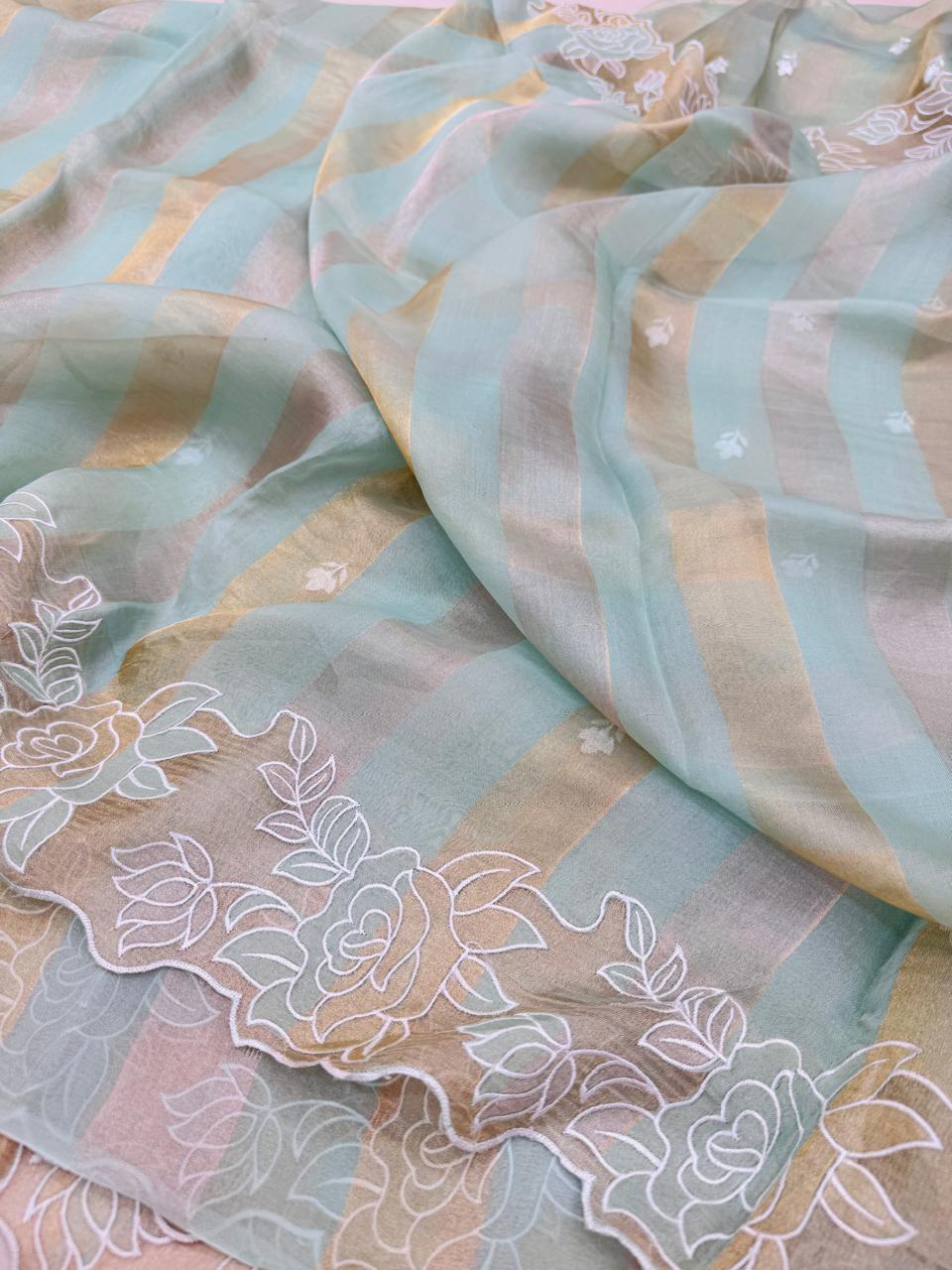 Pure Banarasi Kora Tissue Silk Applique Work Saree