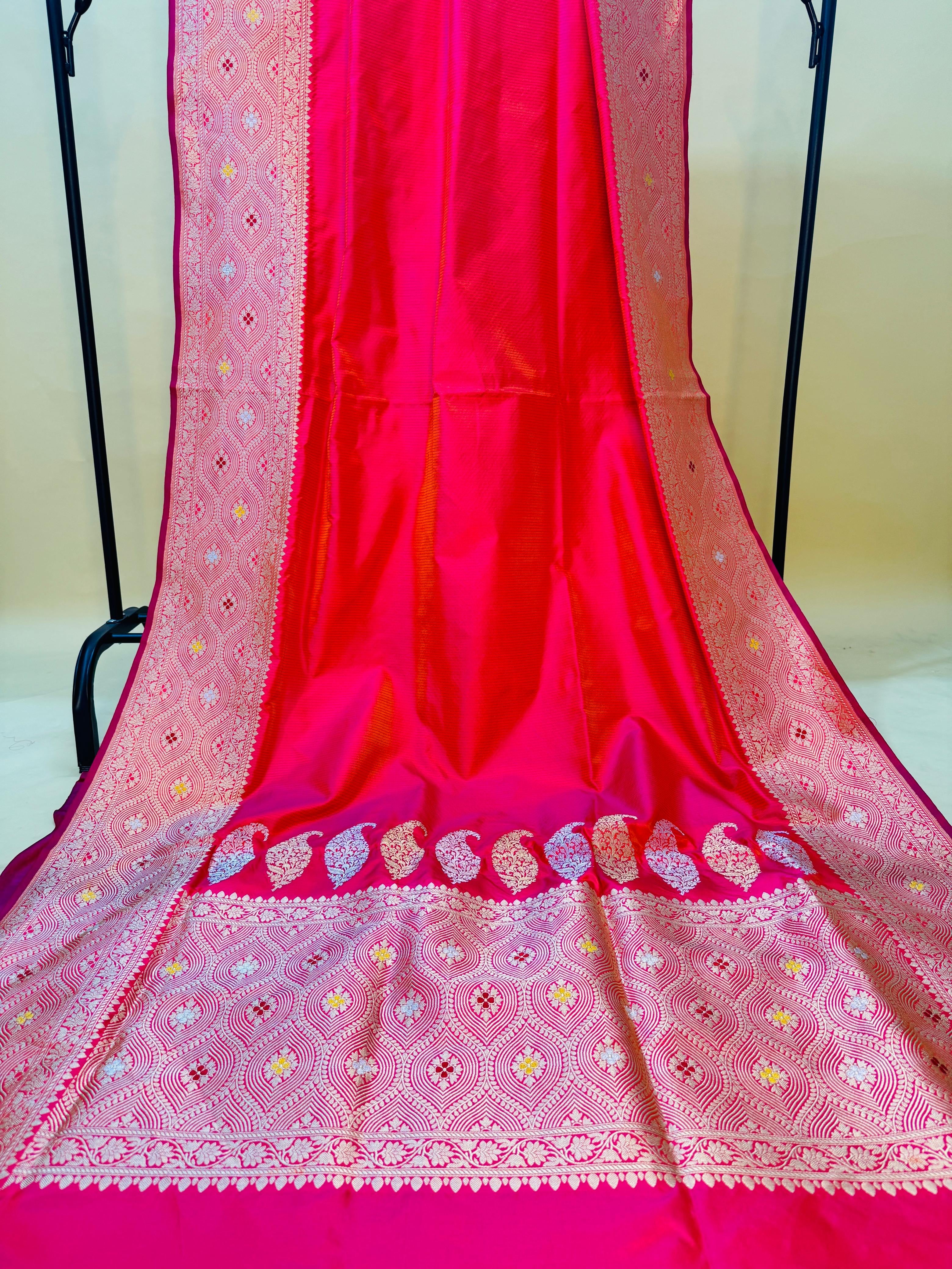 Hot Pink Katan Silk Tanchoi Skirt Mina Border Saree