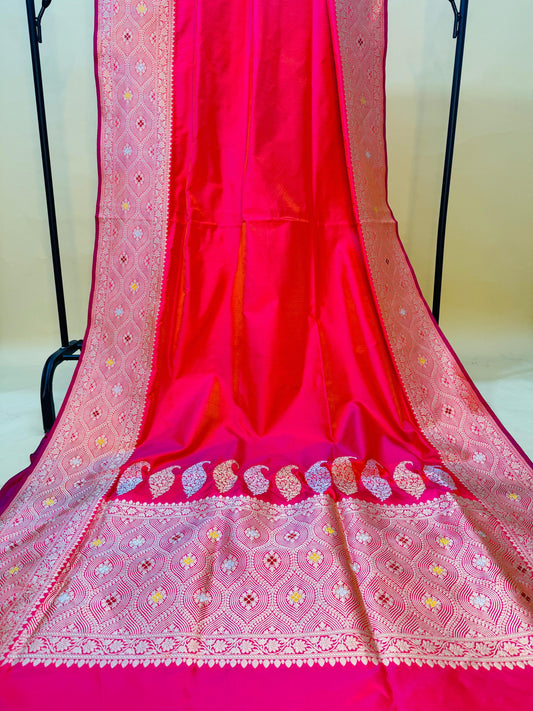 Pure Banarasi Katan Silk Tanchoi Skirt Mina Border Saree