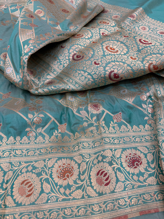 Pure Banarasi Katan Silk Meena Jaal Saree