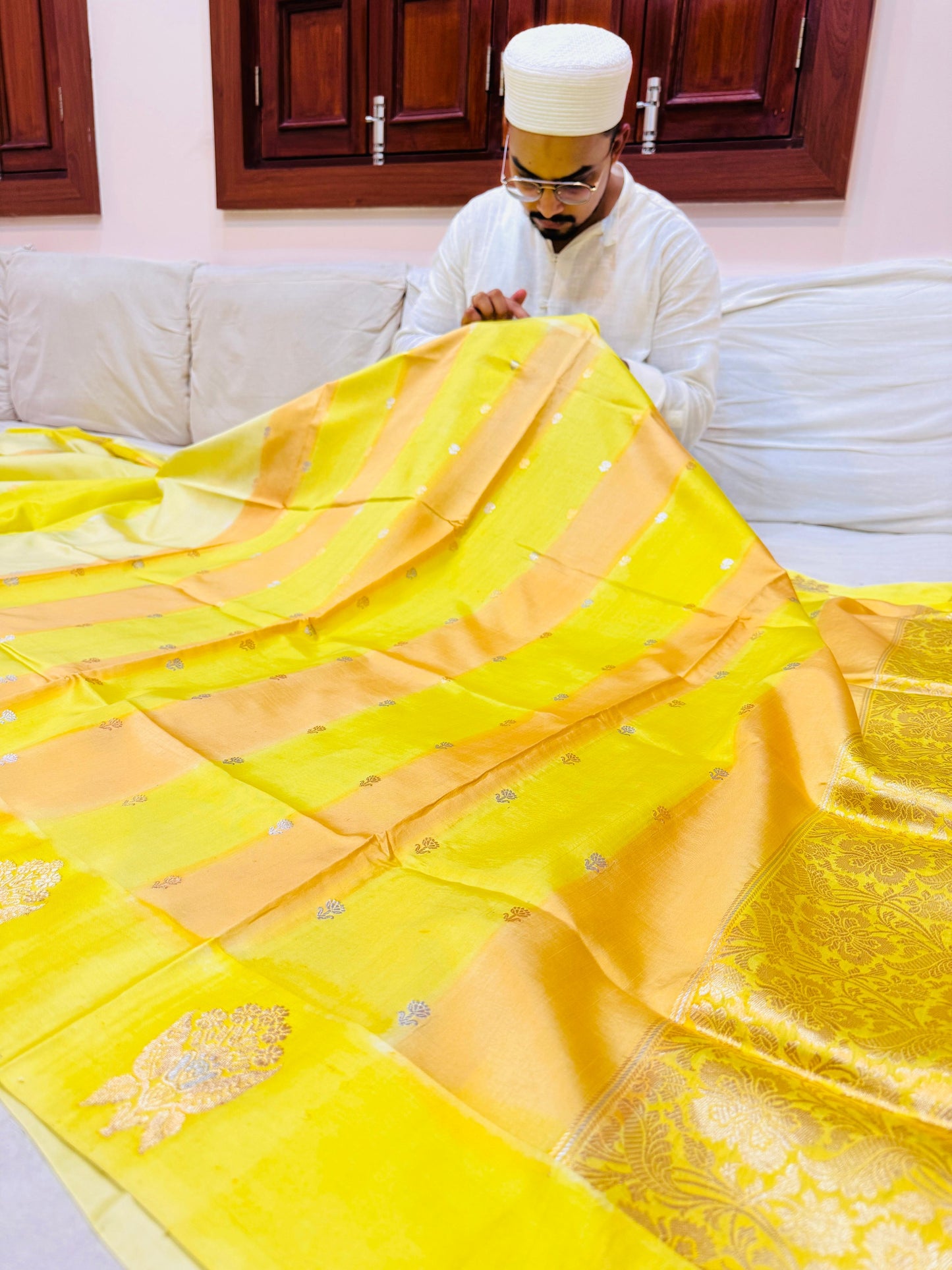 Pure Banarasi Dupion Silk Strips Satin Border Saree