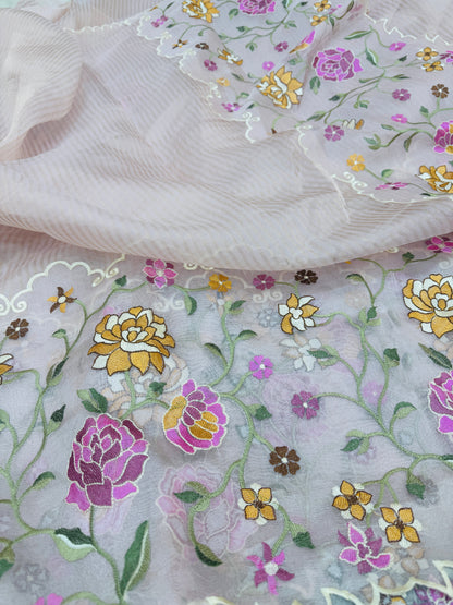 Pure Banarasi Kora Tissue Patch Work Embroidery Saree