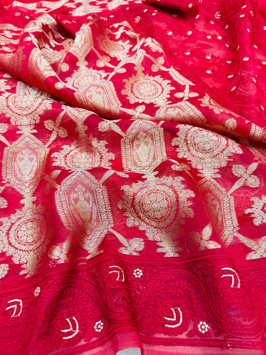 Pure Banarasi Kora Silk Jaal Saree With Satin Border