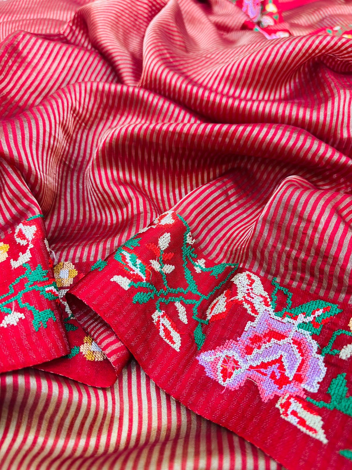 Red Kora Tissue Stripe Cross Embroidery Saree