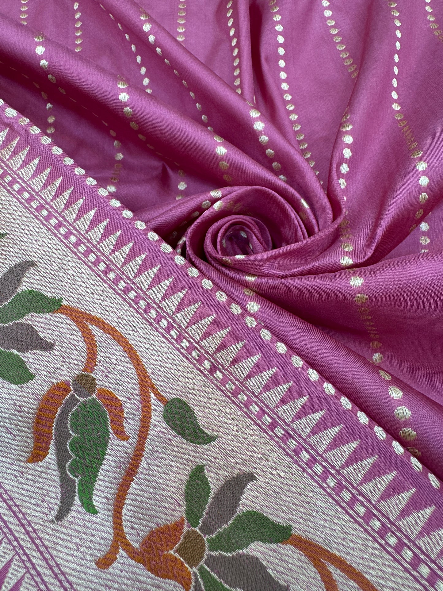 Pure Banarasi Katan Silk Buti Stripe Paithani Border Saree