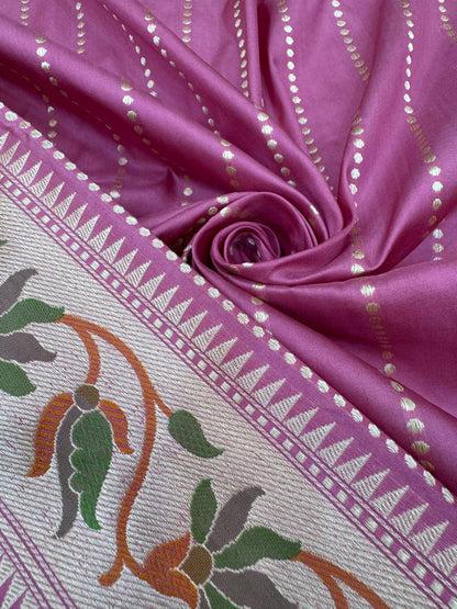 Pure Banarasi Katan Silk Buti Stripe Paithani Border Saree