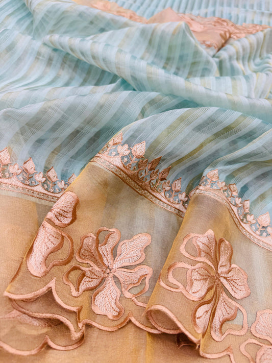 Kora Tissue Silk Stripes with Border Patchwork Saree