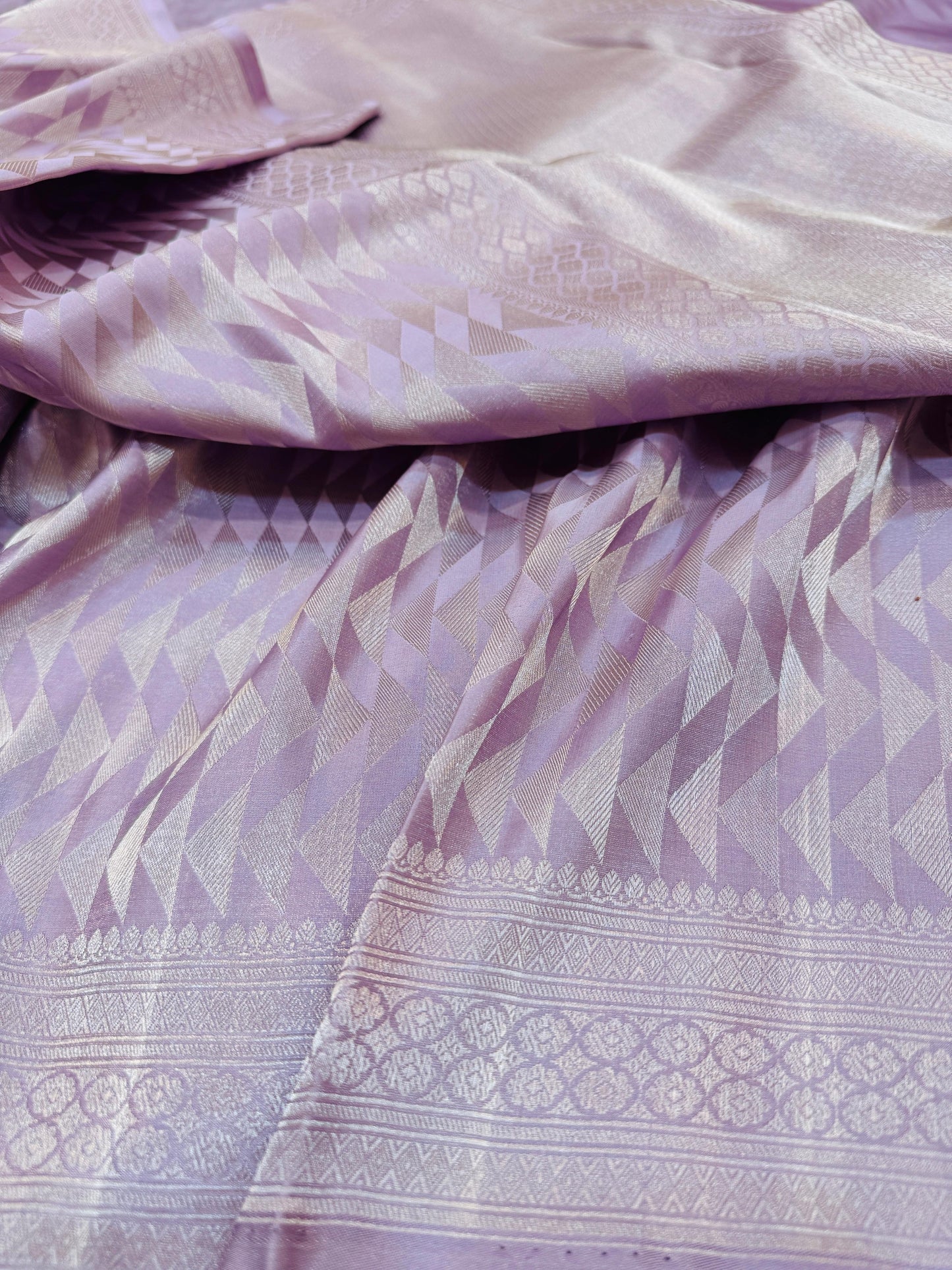 Pure Banarasi Satin Silk Silver Zari  Geometric Pattern Saree