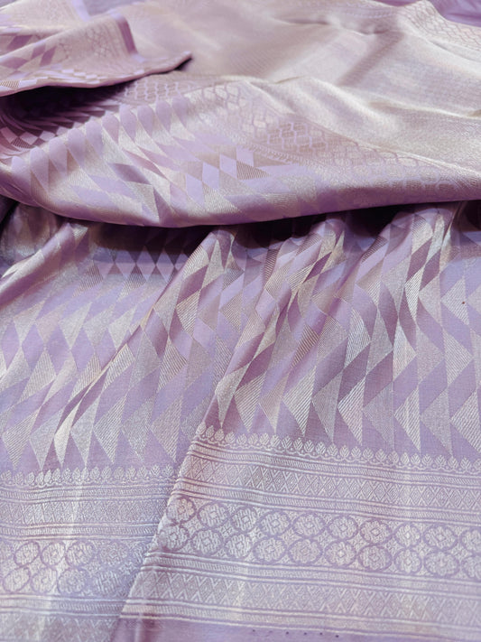 Pure Banarasi Satin Silk Silver Zari  Geometric Pattern Saree