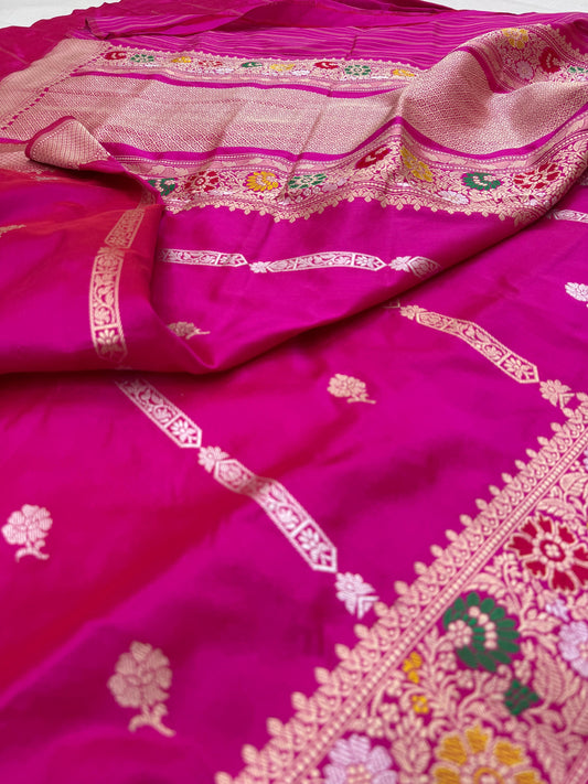 Pure Banarasi Katan Silk Kadhwa Buti-Stripes Saree