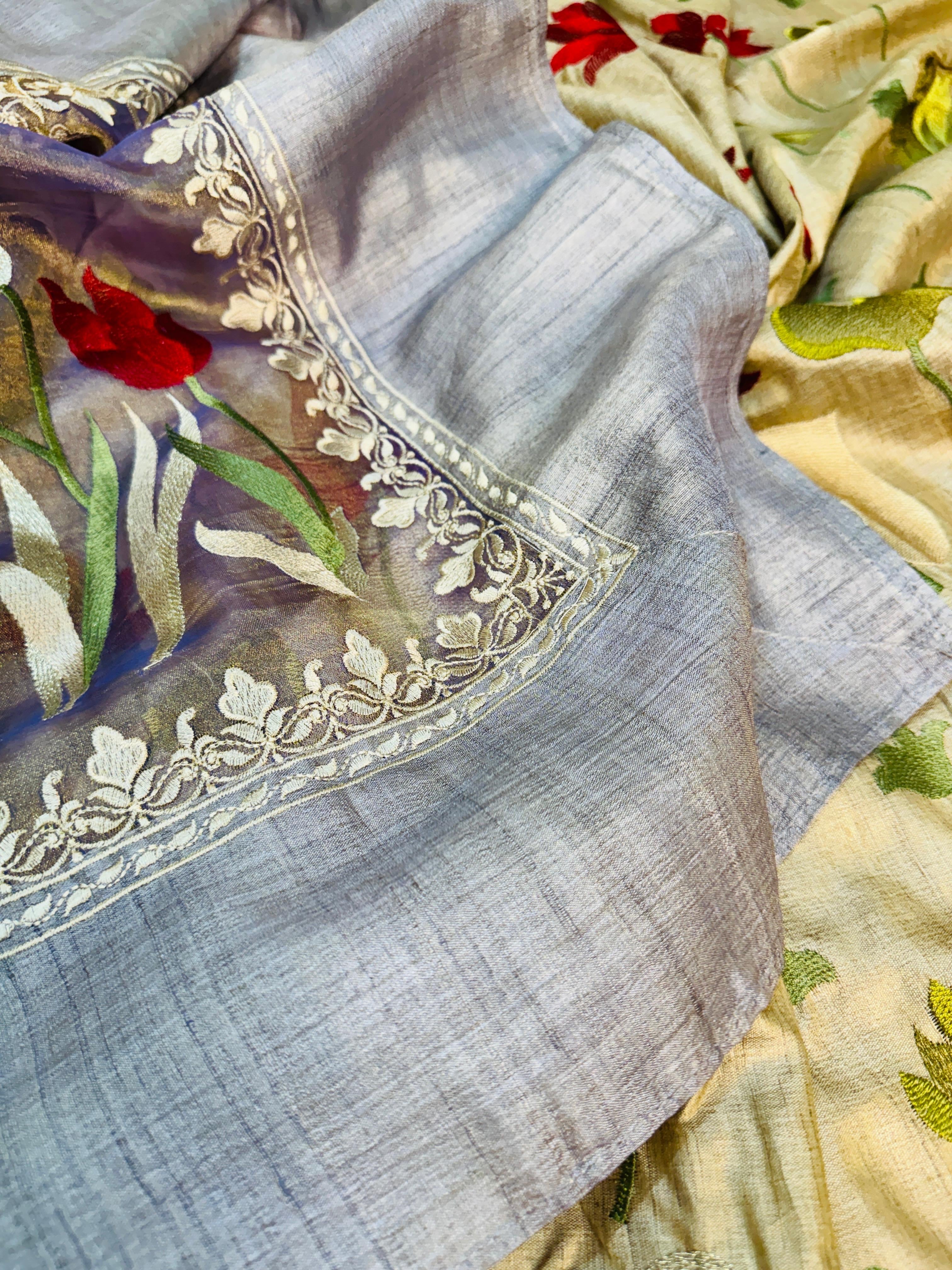 Tissue Embroidery Tasar Border Saree