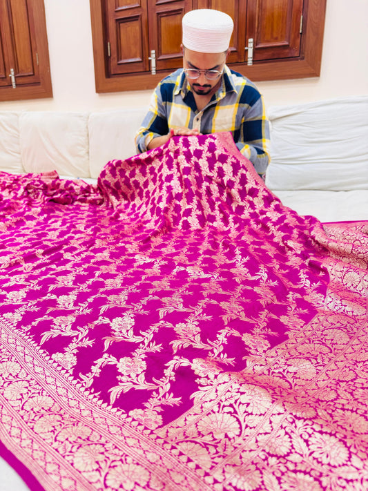 Pure Banarasi Munga Silk Jaal Saree