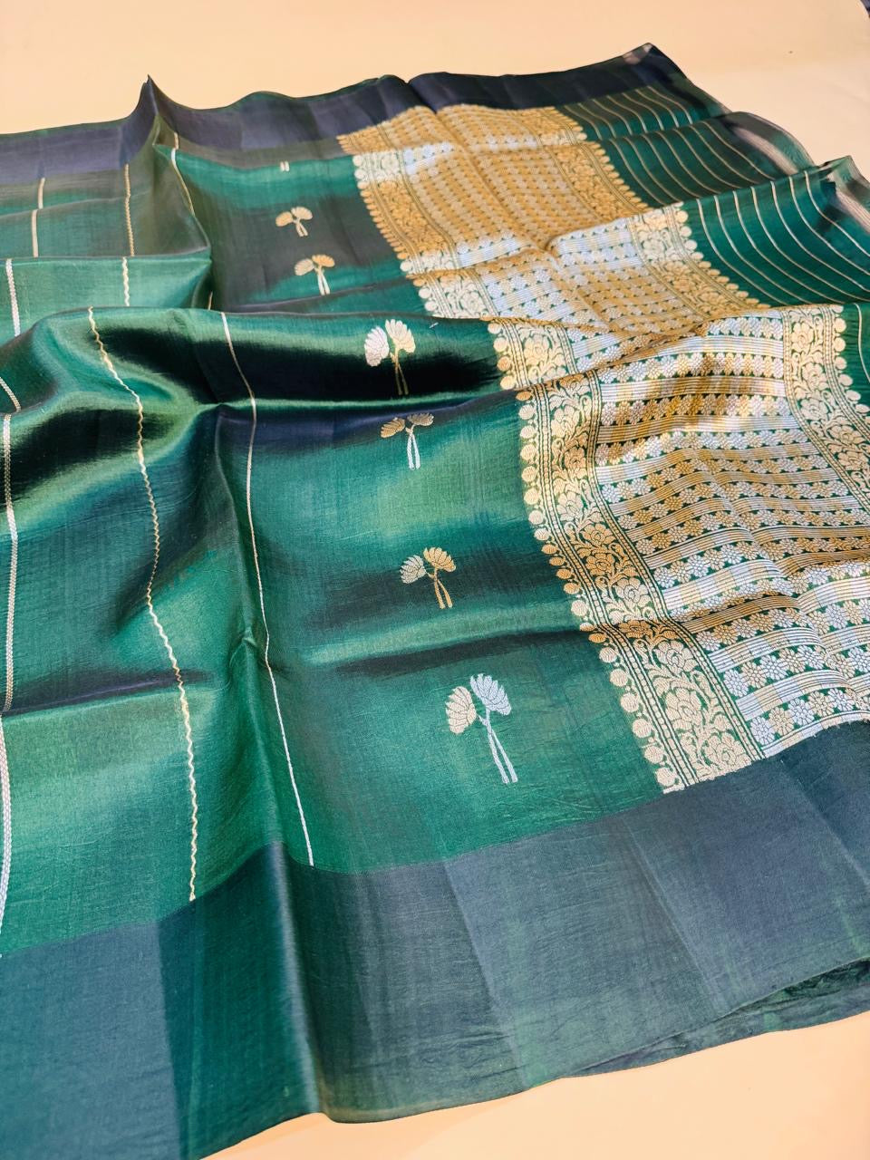 Bottle Green Mango Silk Stripe Saree