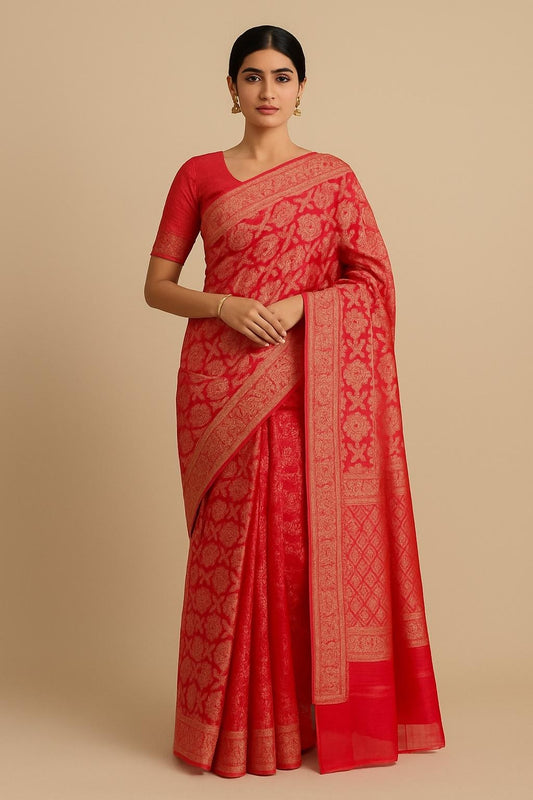 Pure Banarasi Kora Silk Jaal Saree With Satin Border