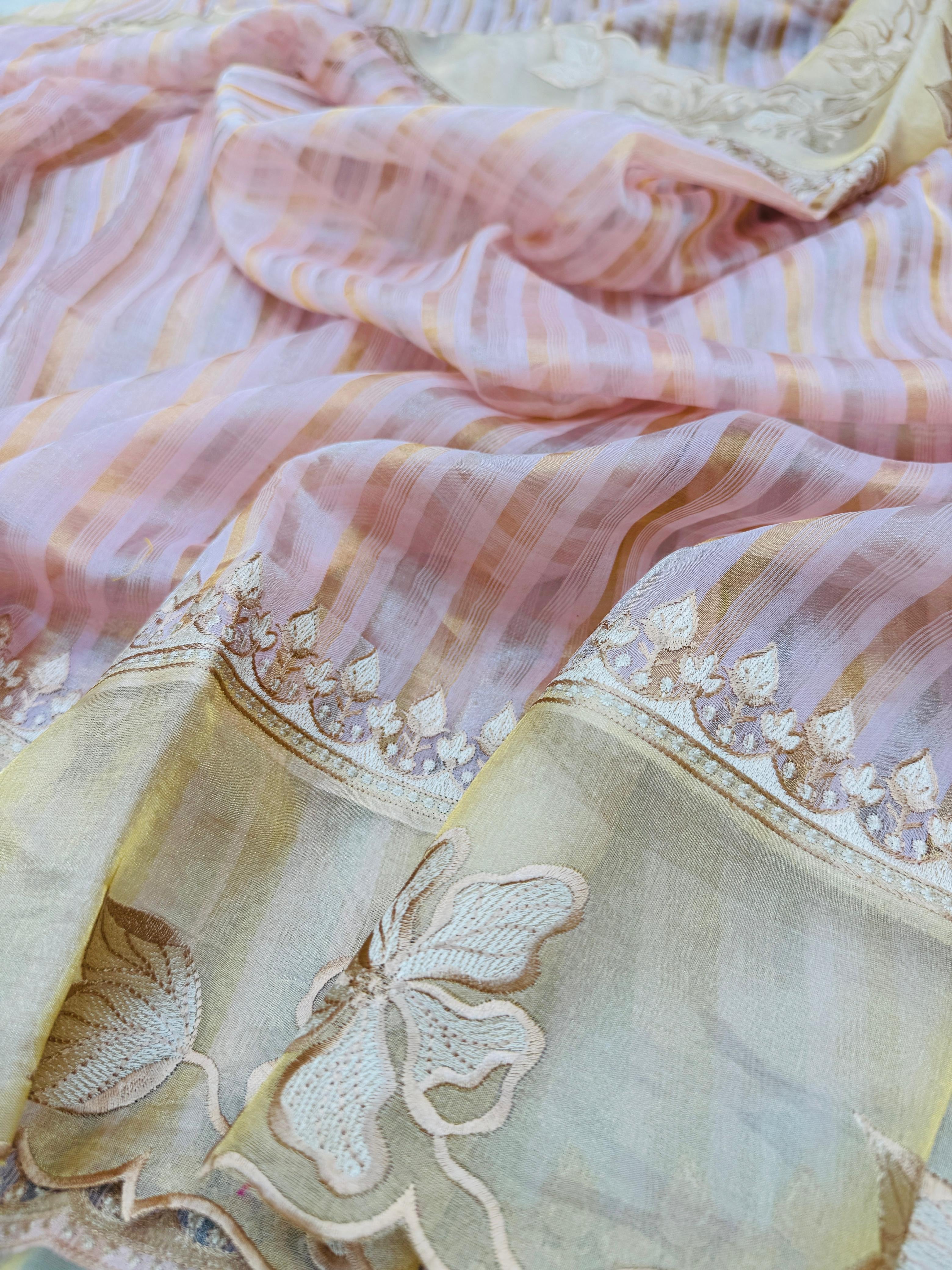 Kora Tissue Silk Stripes with Border Patchwork Saree