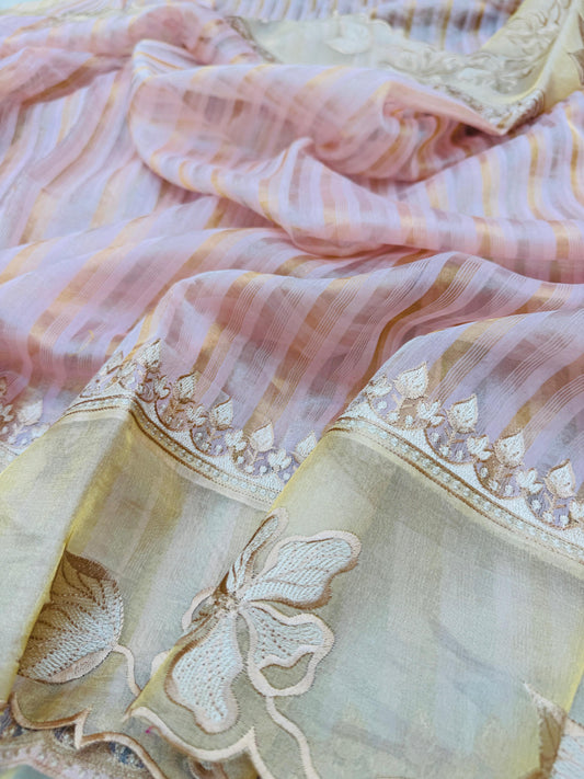 Kora Tissue Silk Stripes with Border Patchwork Saree