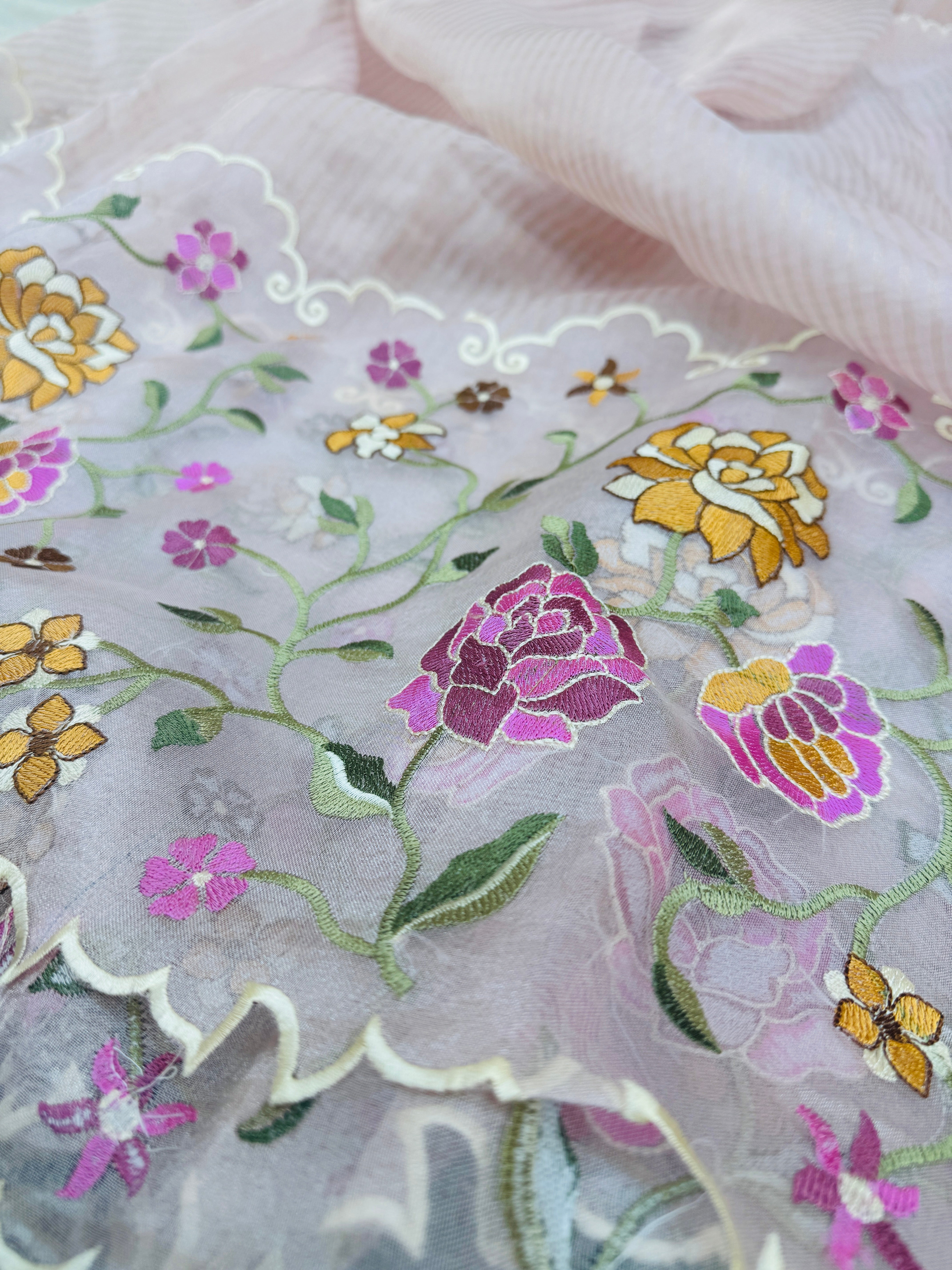 Pure Banarasi Kora Tissue Patch Work Embroidery Saree